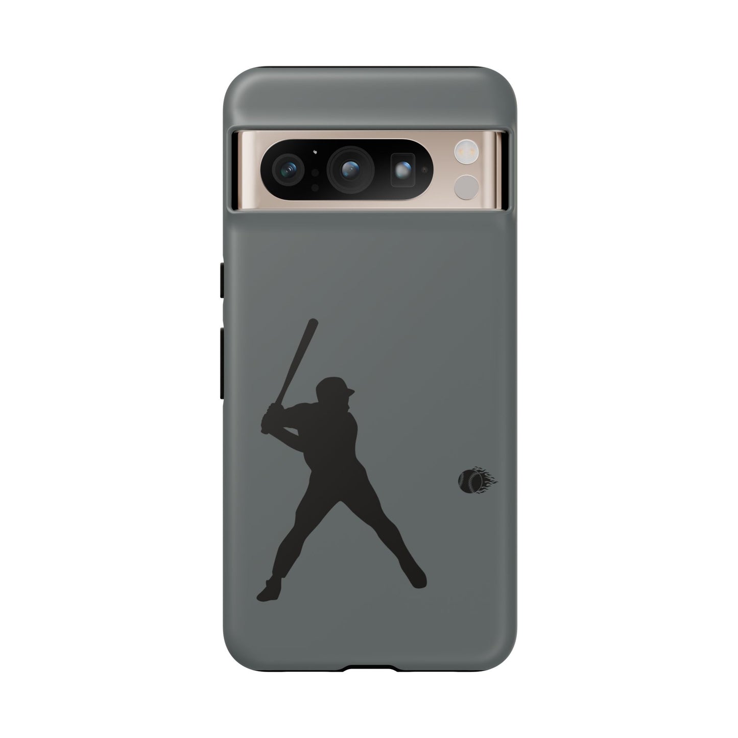 Black iPhone case with a white baseball silhouette design, protective sporty phone cover by Printify.