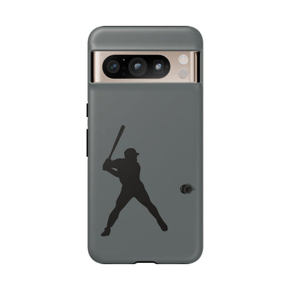 Black iPhone case with a white baseball silhouette design, protective sporty phone cover by Printify.