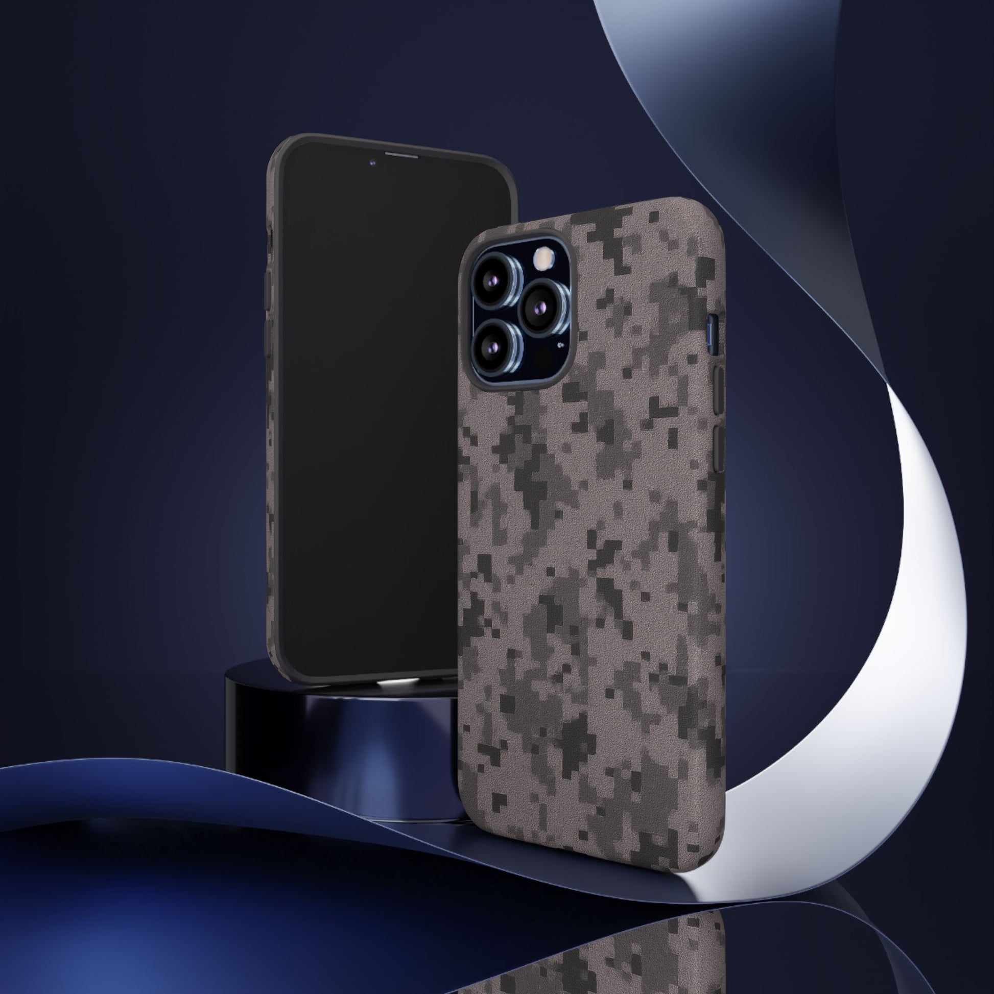 Gray digital camouflage phone case by Printify, tough protective cover designed for smartphones.