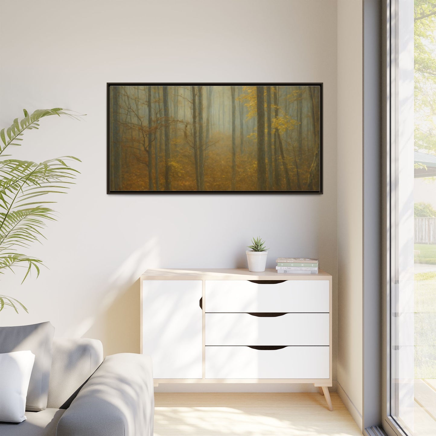Framed matte canvas wall art of a misty autumn forest with trees and fall colors, by Printify.