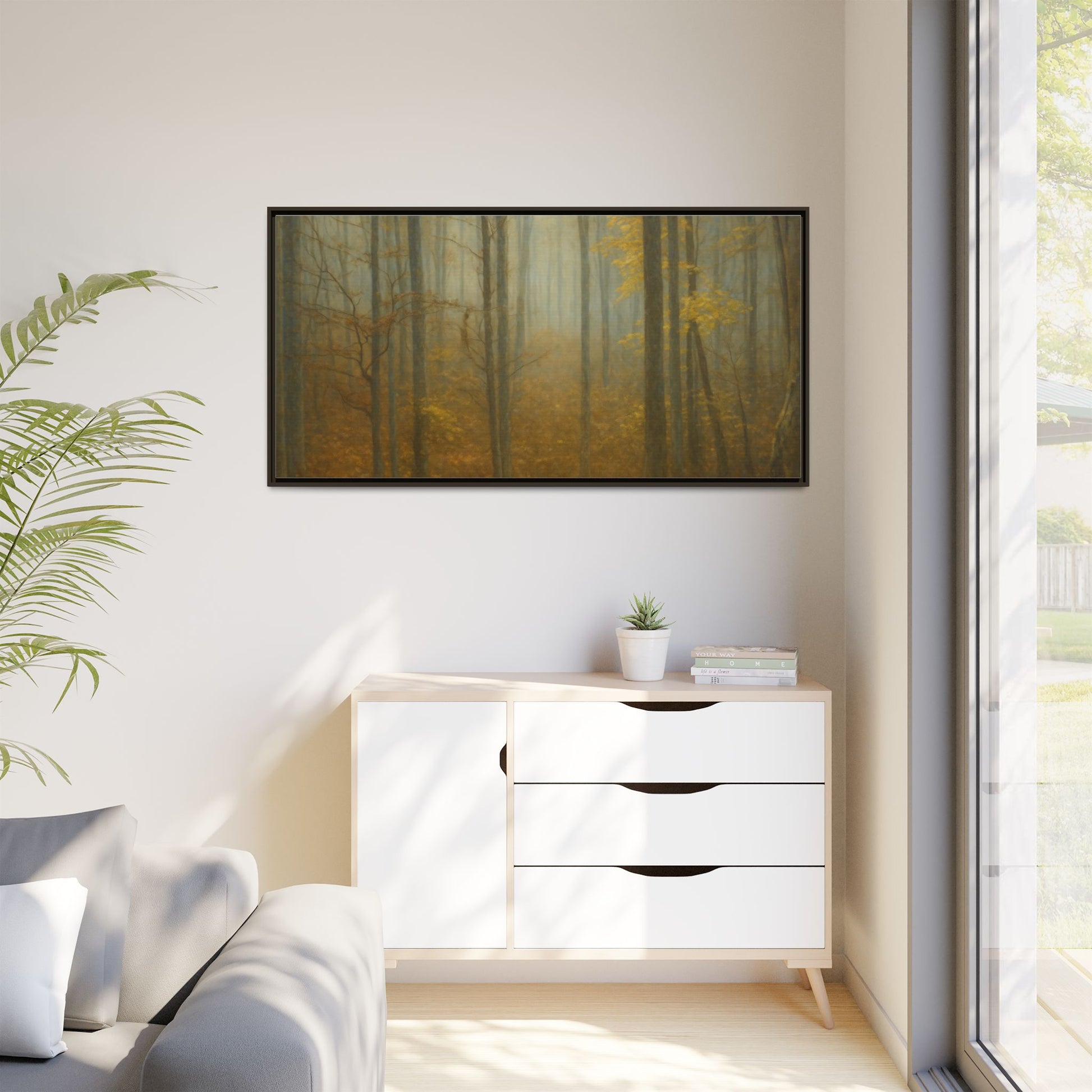 Framed matte canvas wall art of a misty autumn forest with trees and fall colors, by Printify.