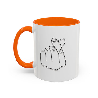 Minimal Korean finger heart accent mug by Printify, 11oz or 15oz ceramic coffee mug with simple design and clean finish.