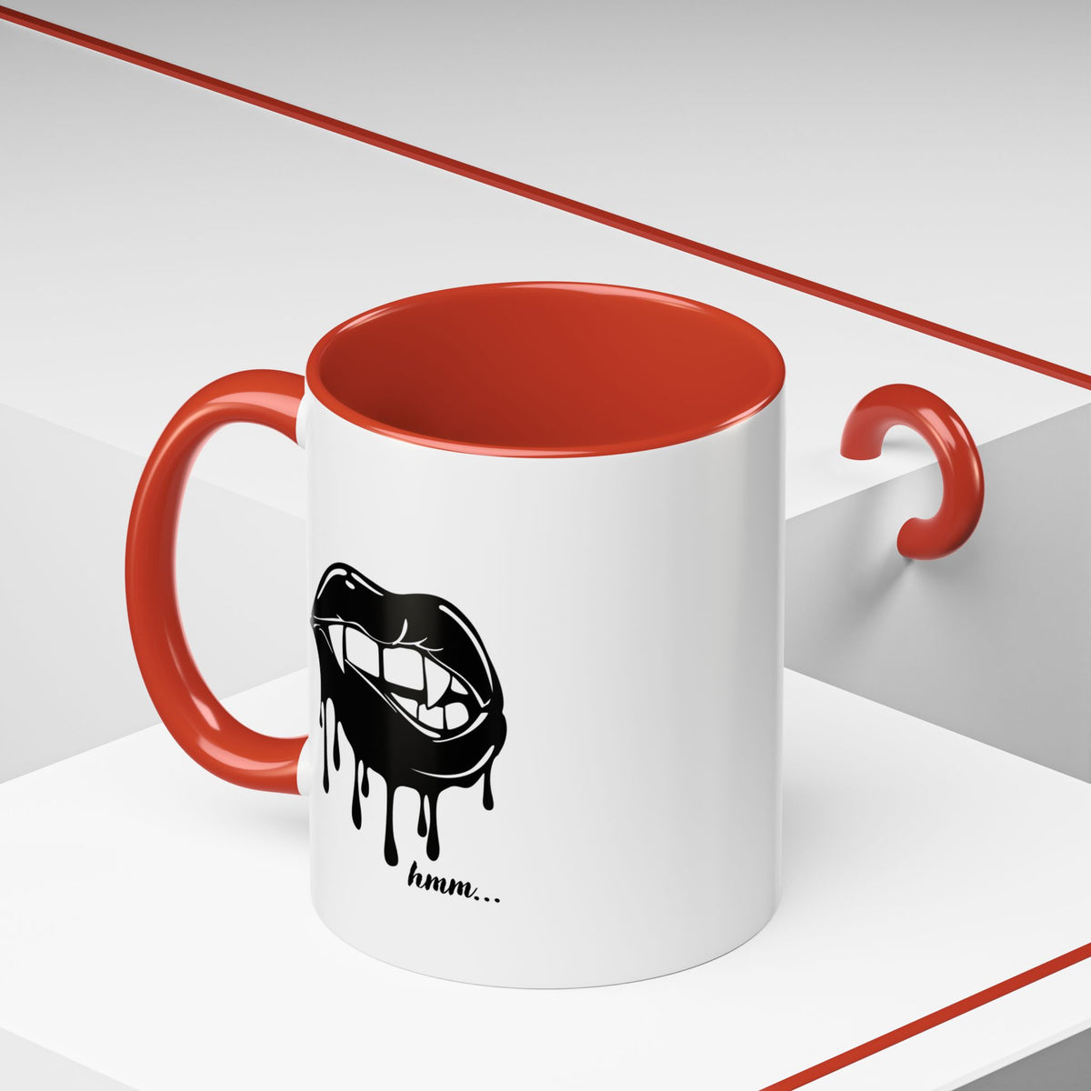 Black accent Dripping Bite coffee mug by Printify, 11oz or 15oz, featuring a dripping bite design on ceramic surface.