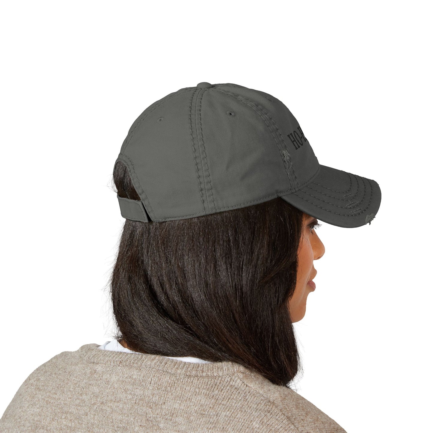 Distressed embroidered "HO-HO-HO" dad hat by Printify, featuring a classic baseball cap style in neutral tones.