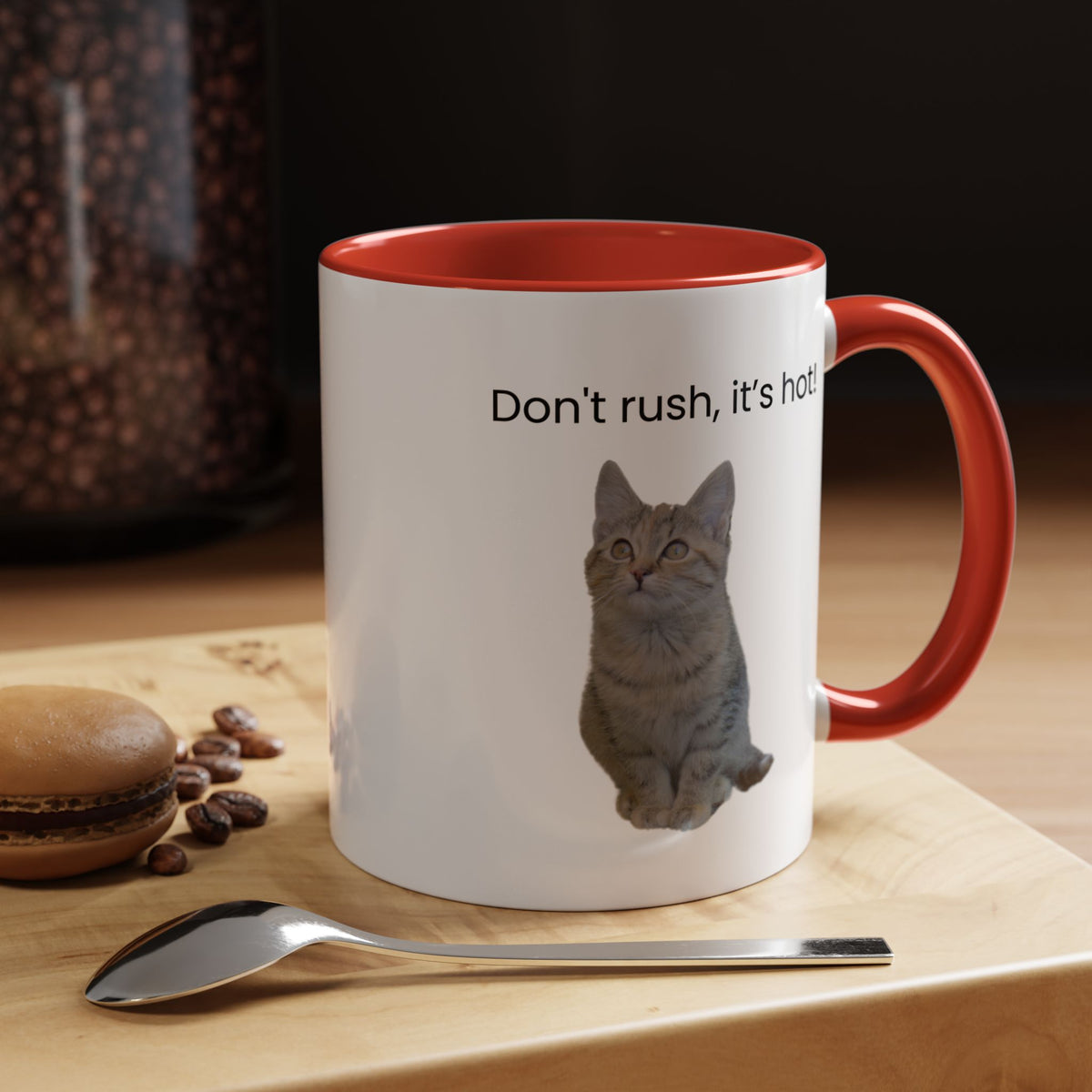 Ceramic cat coffee mug with "Don't rush, it's hot!" text in 11 oz size, featuring a cute cat design and vibrant colors.