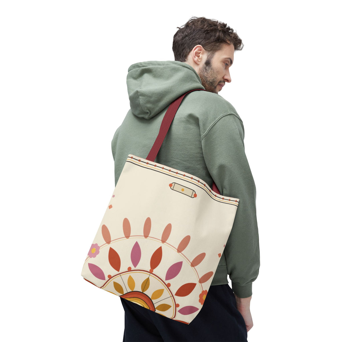Boho floral mandala tote bag with pastel sunburst pattern, printed by Printify, featuring vibrant, artistic design on canvas bag.