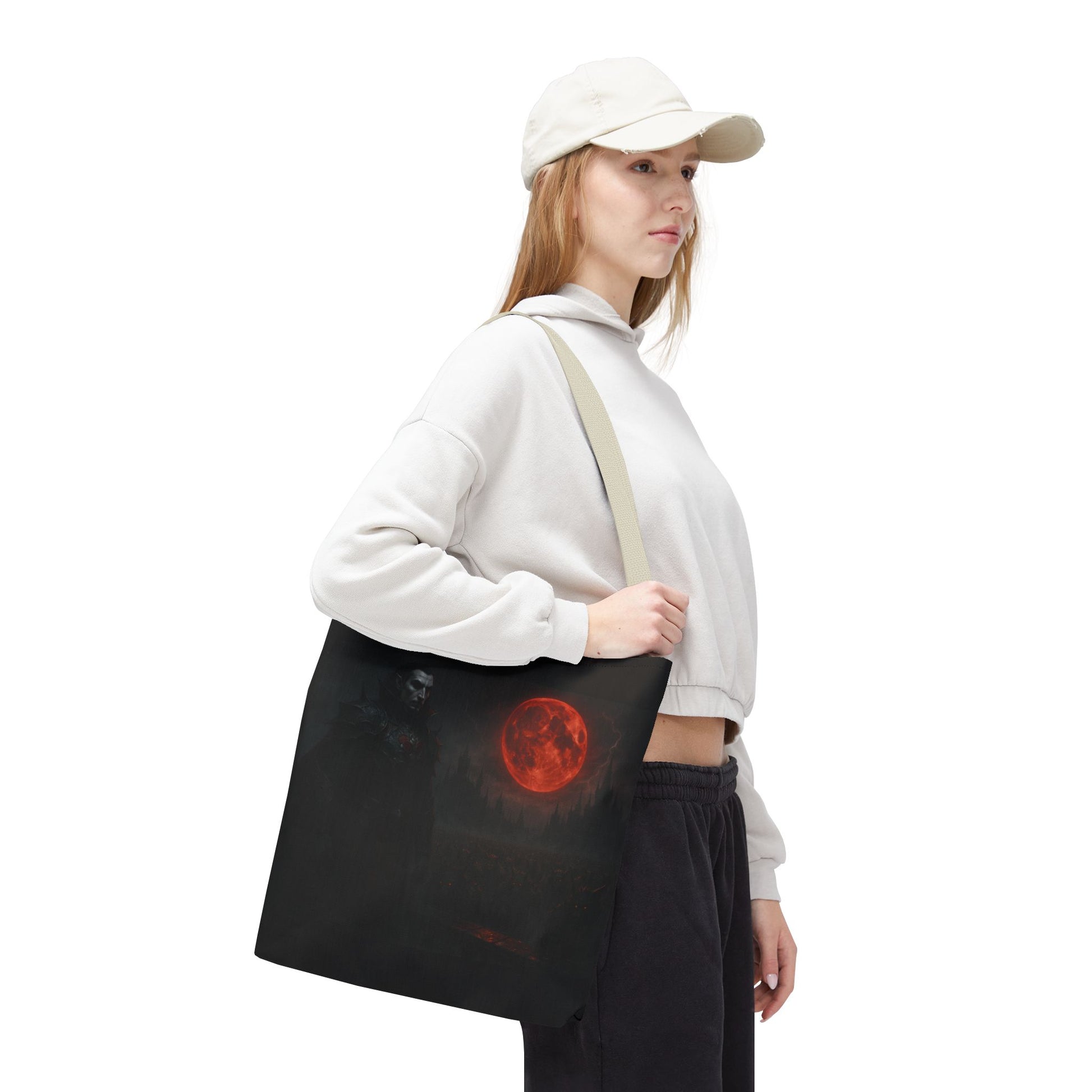 Gothic Dracula tote bag featuring moonlit vampire art, ideal for Halloween or gothic style accessories.