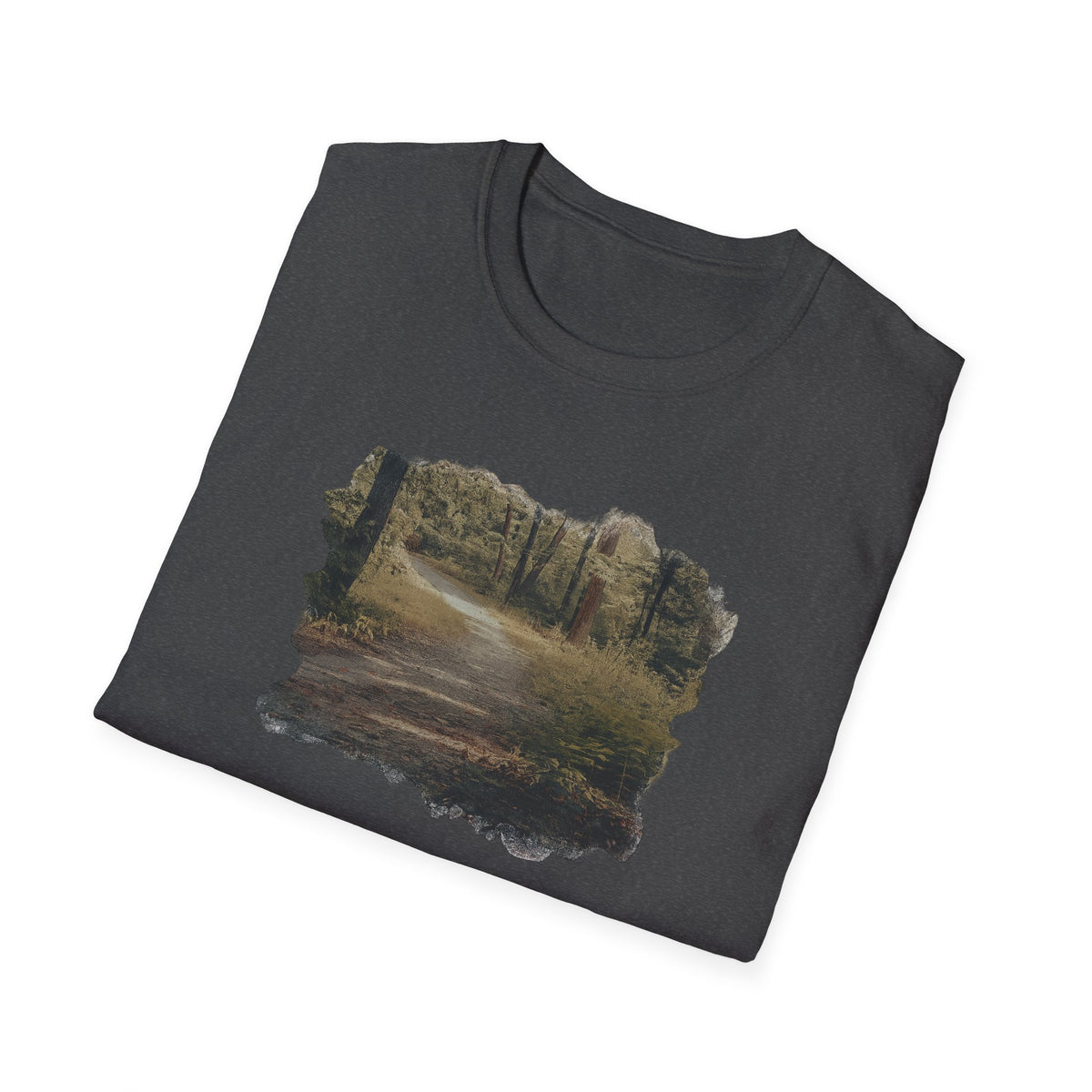 Vintage forest landscape T-shirt by Printify featuring a nature pathway scene printed on a comfortable cotton tee.