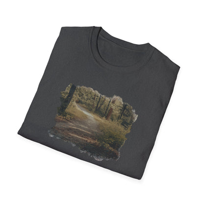 Vintage forest landscape T-shirt by Printify featuring a nature pathway scene printed on a comfortable cotton tee.