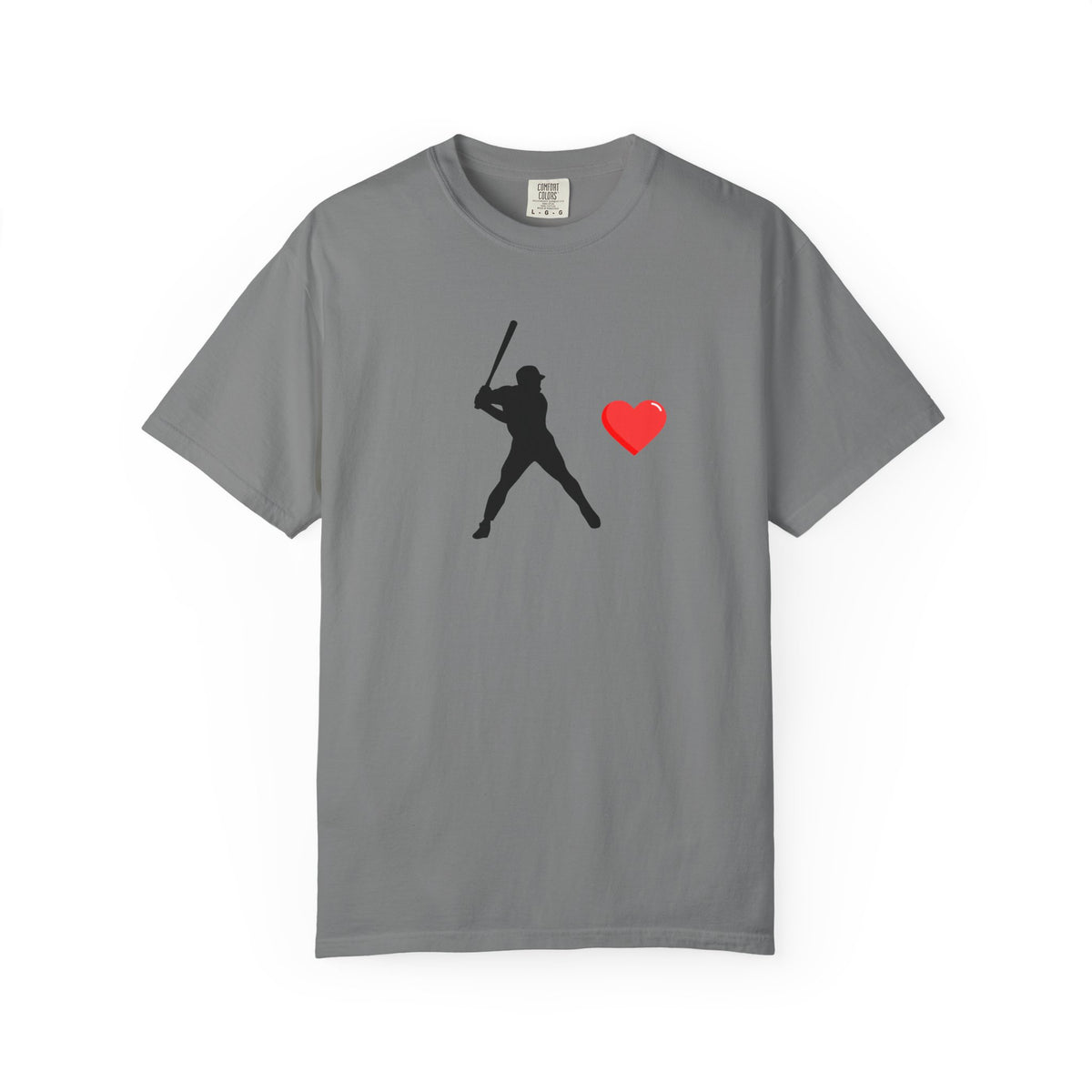 White baseball batter heart T-shirt by Printify featuring a graphic of a baseball player swinging a bat on the front.