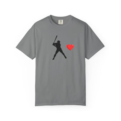 White baseball batter heart T-shirt by Printify featuring a graphic of a baseball player swinging a bat on the front.
