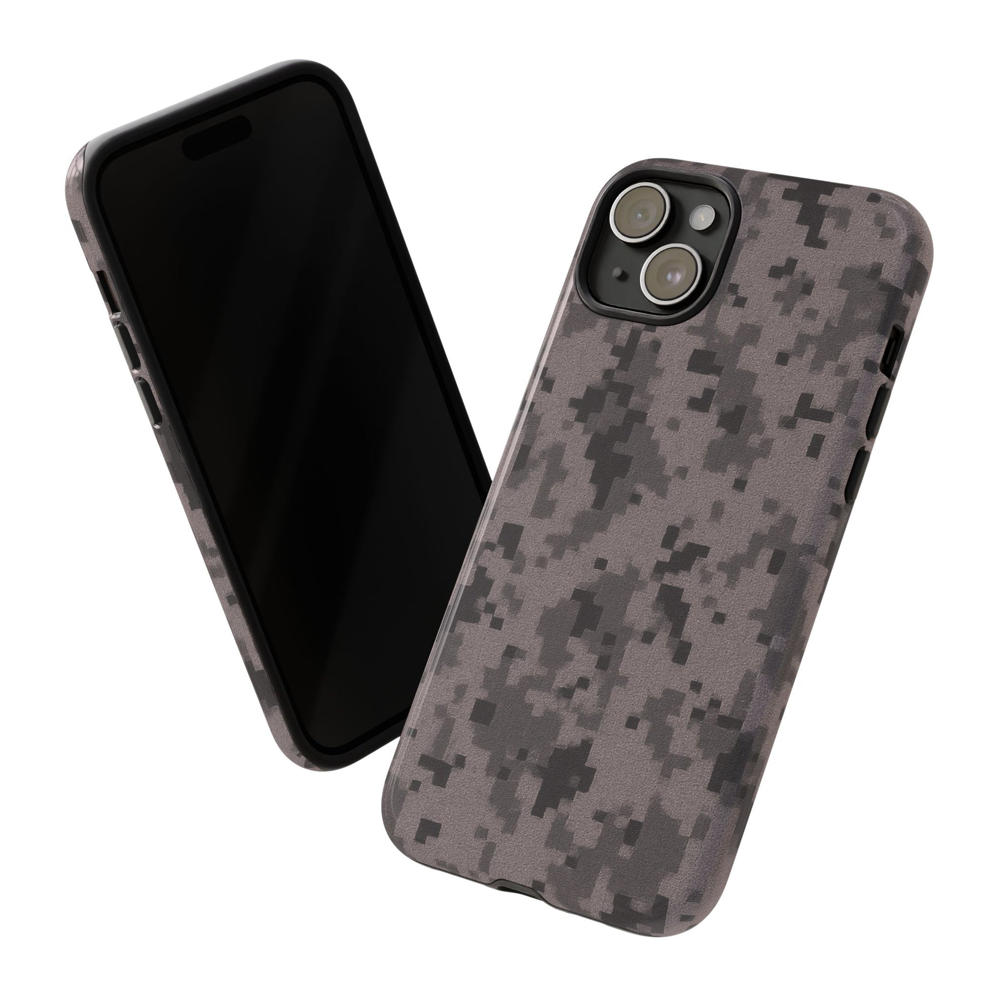 Gray digital camouflage phone case by Printify, tough protective cover for smartphones with a rugged camo design.