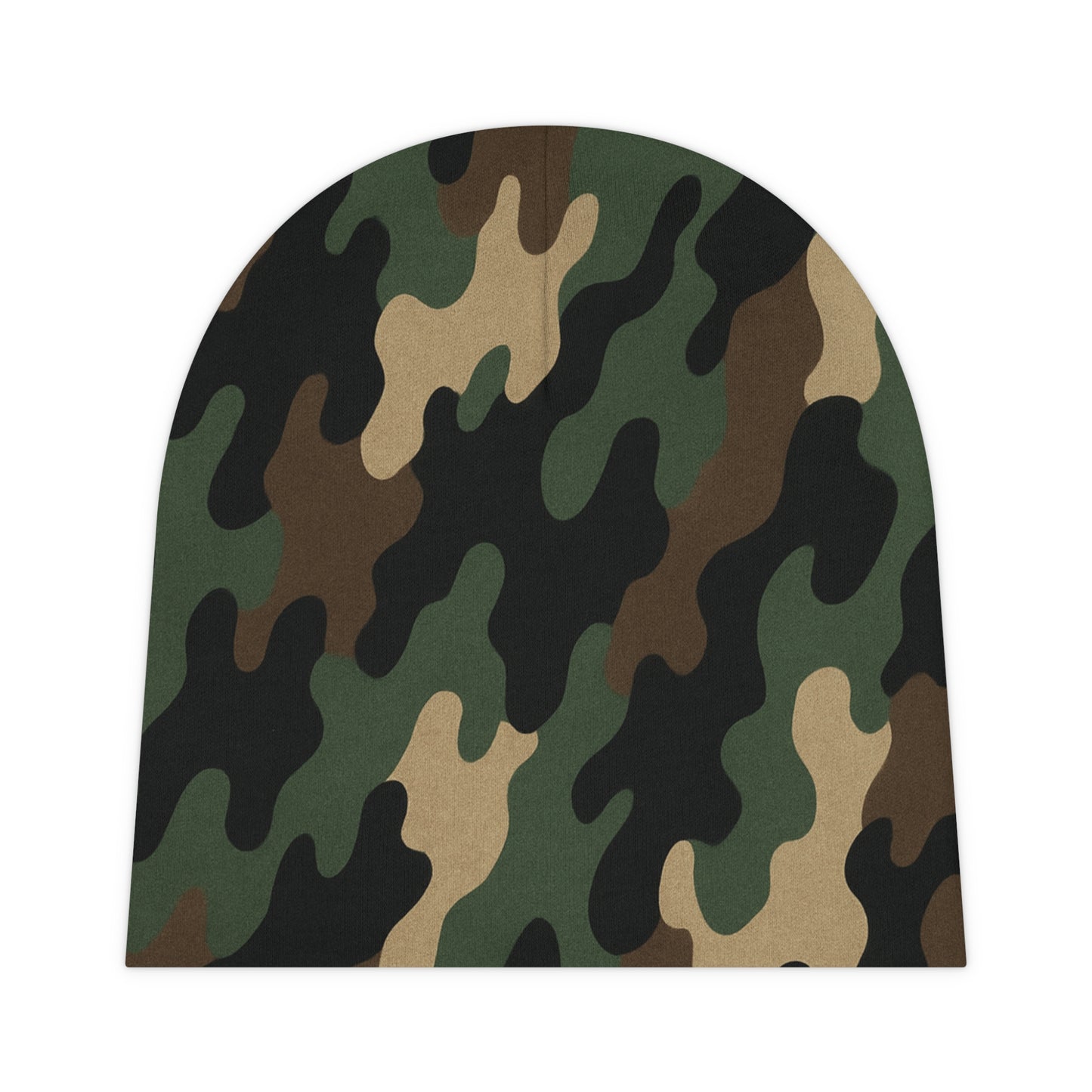 All over print camo baby beanie for newborns, soft and cozy newborn hat from Printify, perfect for baby showers and first outings.