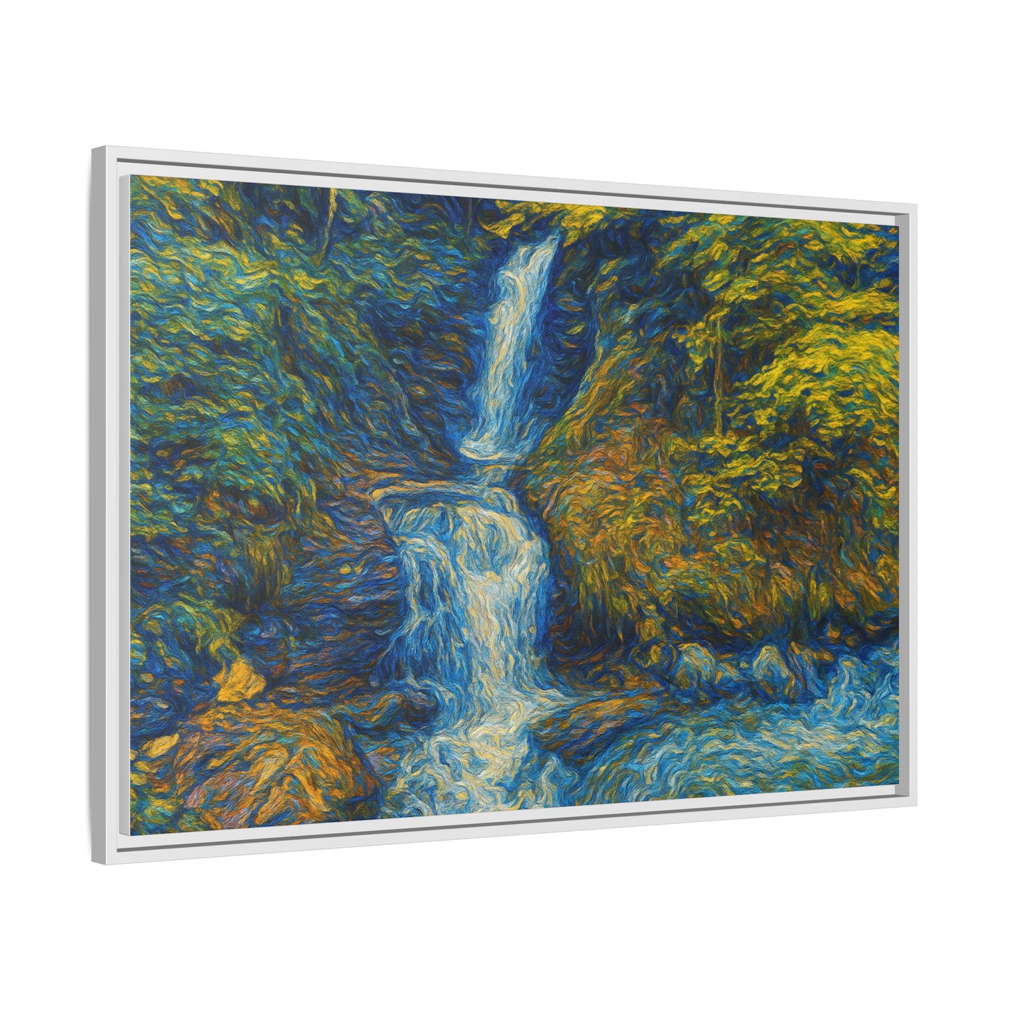 Framed matte canvas print of impressionist waterfall wall art by Printify, featuring vibrant water and nature scene.