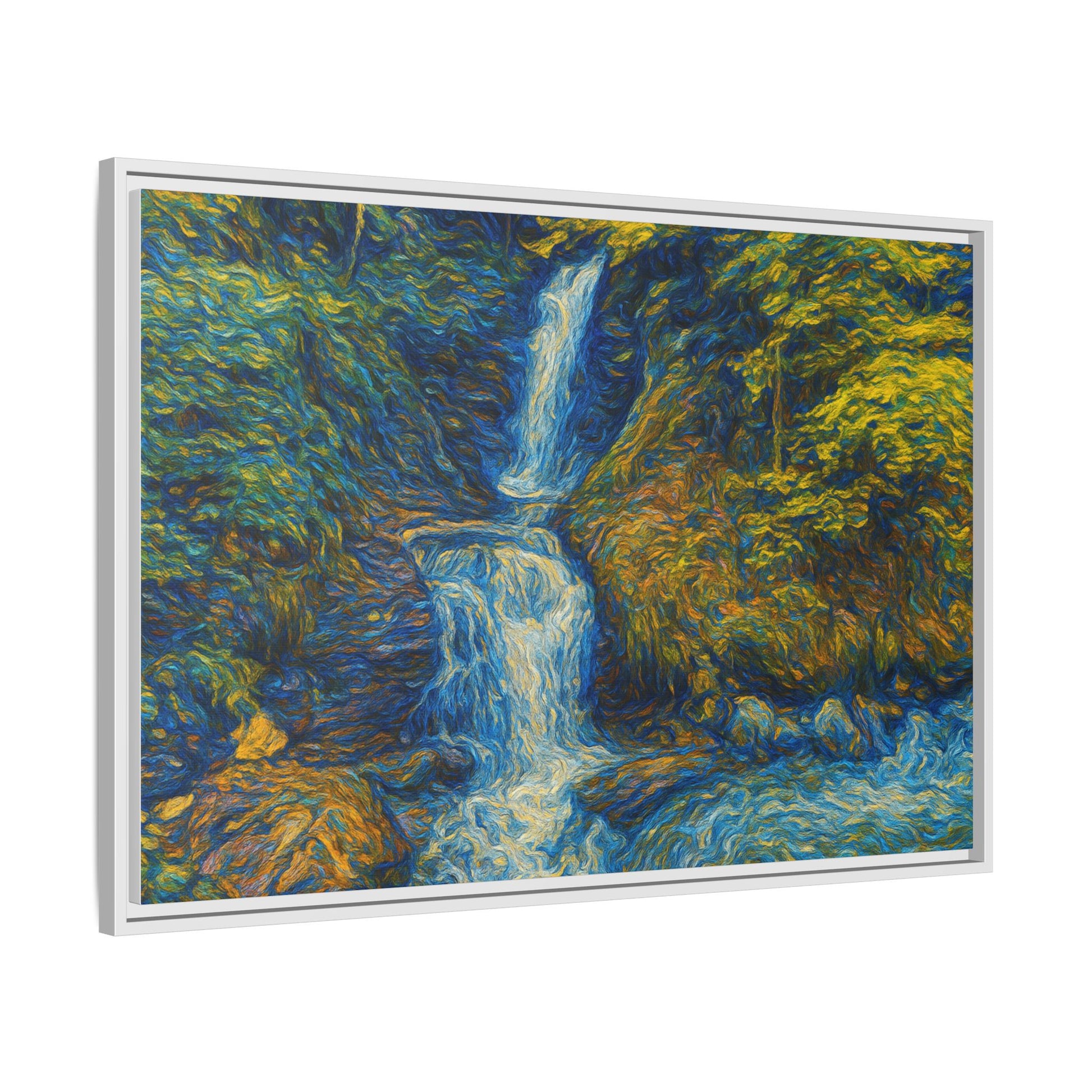 Framed matte canvas print of impressionist waterfall wall art by Printify, featuring vibrant water and nature scene.