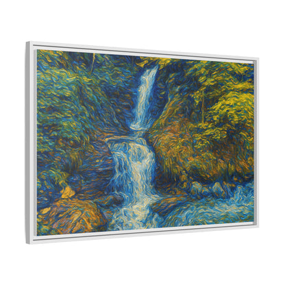 Framed matte canvas print of impressionist waterfall wall art by Printify, featuring vibrant water and nature scene.