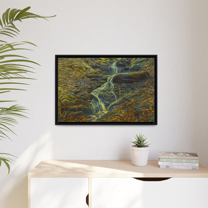 Framed matte canvas wall art featuring a scenic autumn forest with a waterfall, created by Printify.