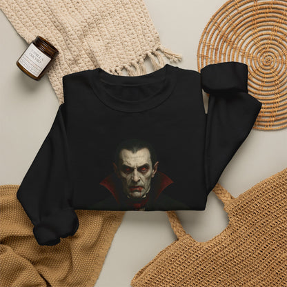 Vampire portrait crewneck sweatshirt by Printify featuring a dark, artistic vampire illustration on a comfortable black sweatshirt.