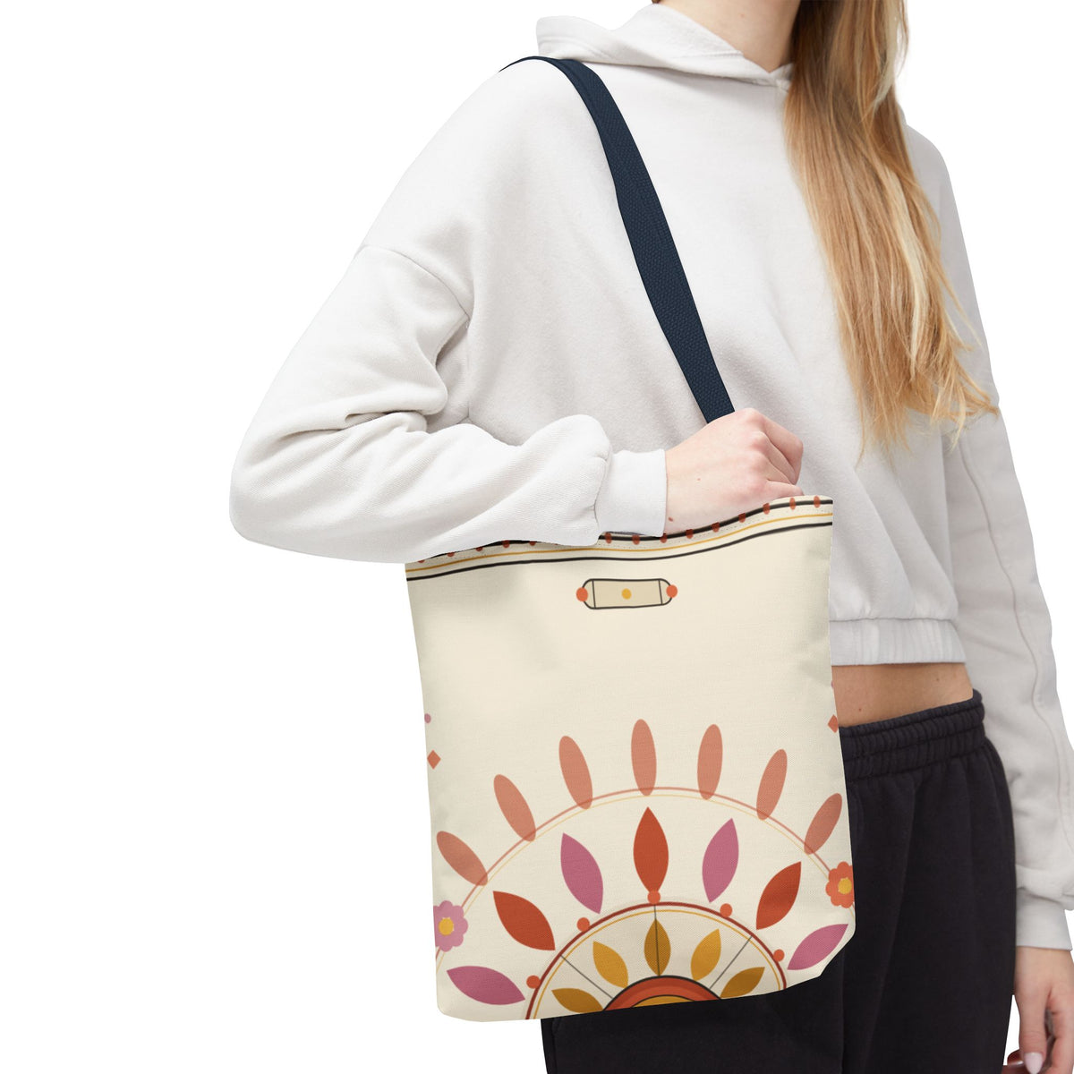 Boho floral mandala tote bag with pastel sunburst pattern, made by Printify, featuring vibrant, artistic bag design.