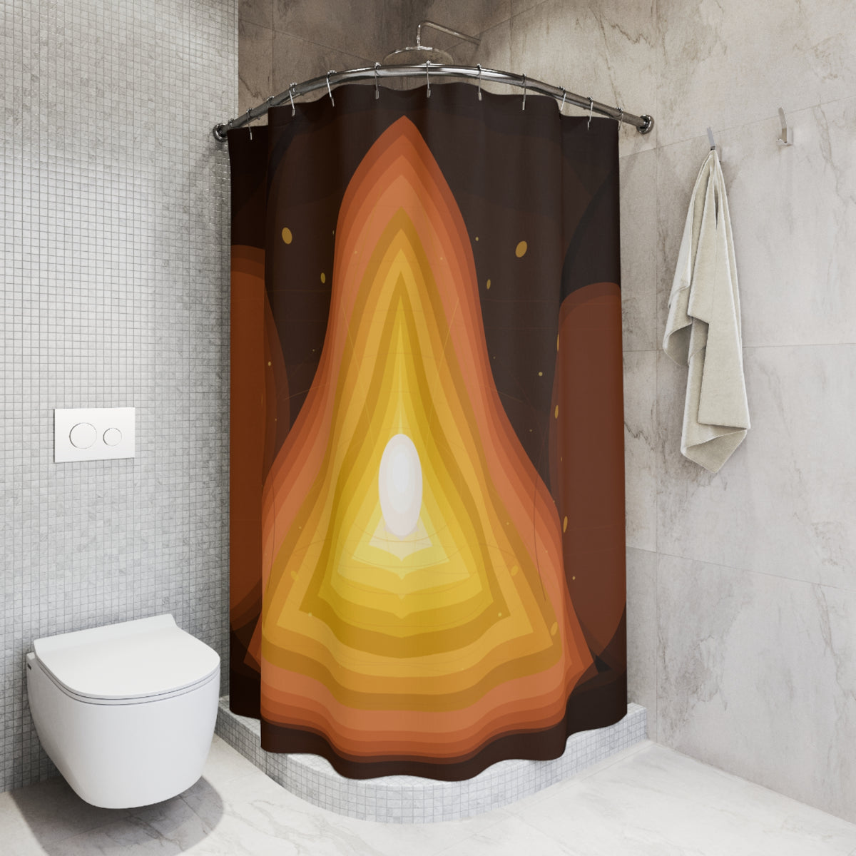 Layered Flame Geode shower curtain by Printify featuring abstract warm tones and a vibrant, artistic design.