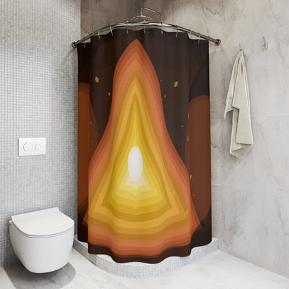 Layered Flame Geode shower curtain by Printify featuring abstract warm tones and a vibrant, artistic design.