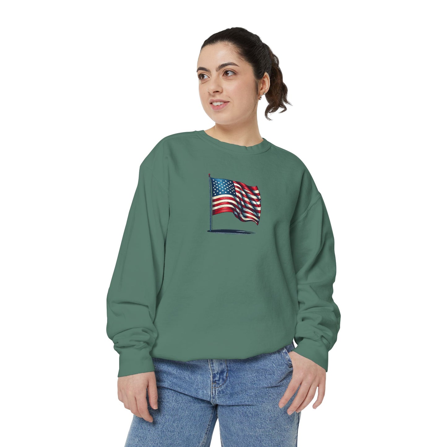 Patriotic Unisex Garment-Dyed Sweatshirt with Vintage American Flag, Cozy Fall Outfit, Statement Sweater, Gift for Veterans, Casual Fashion - TRV