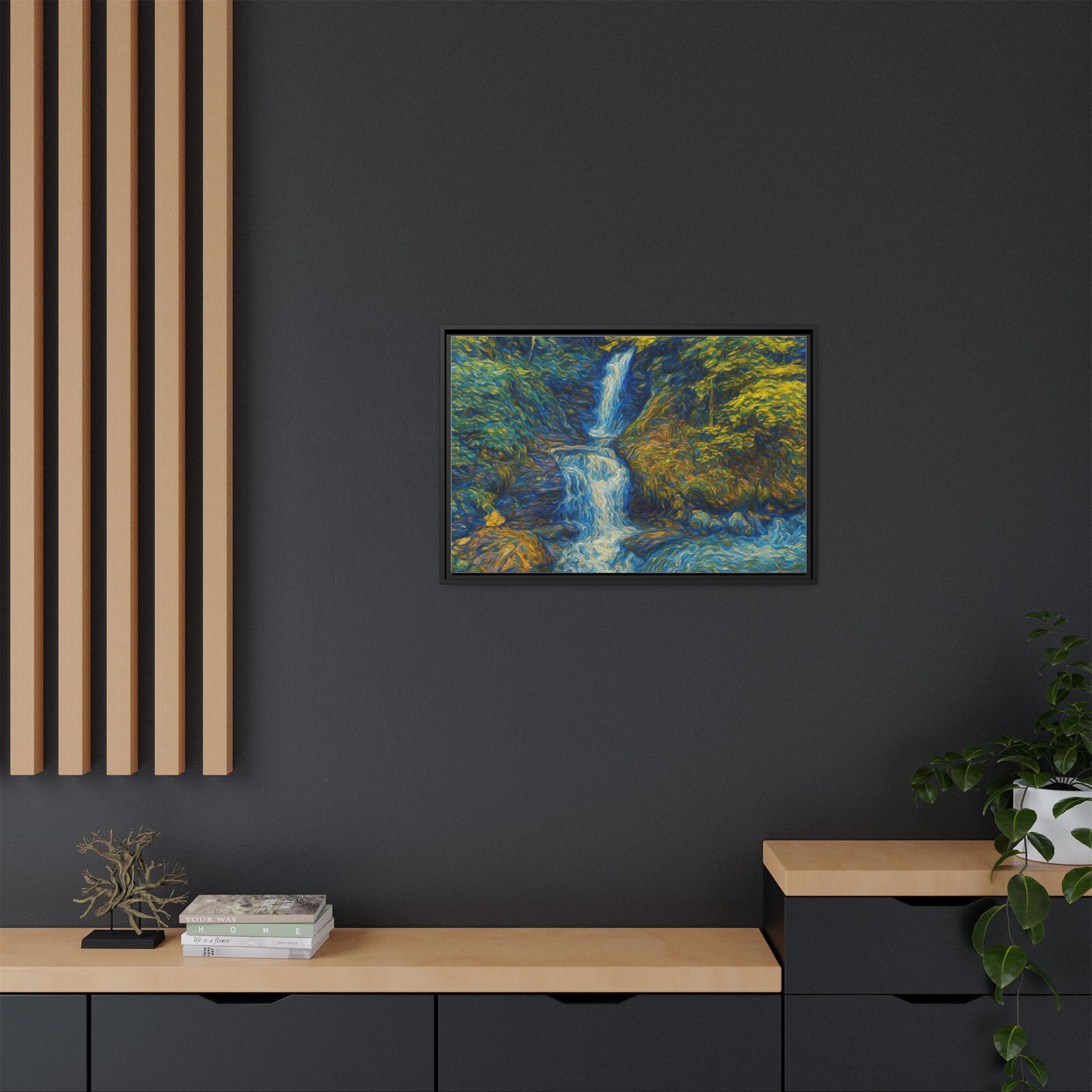 Framed matte canvas print of impressionist waterfall wall art by Printify, featuring vibrant colors and textured brushstroke details.