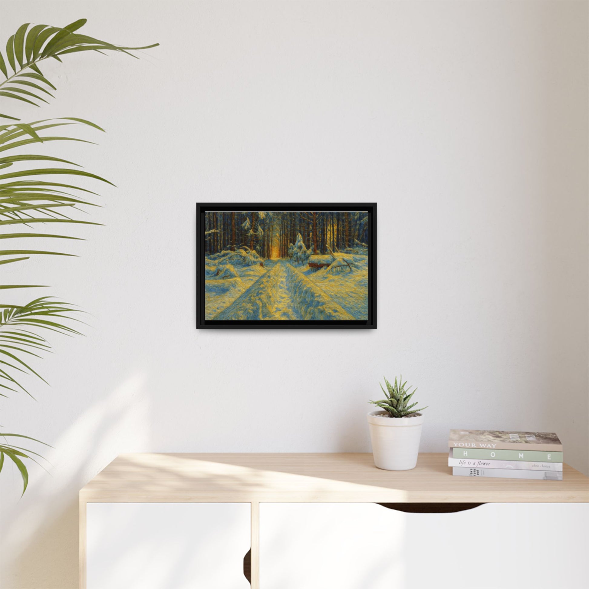 Framed matte canvas print of a snowy forest path at sunset, wall art by Printify showcasing winter landscape scene.