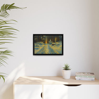 Framed matte canvas print of a snowy forest path at sunset, wall art by Printify showcasing winter landscape scene.