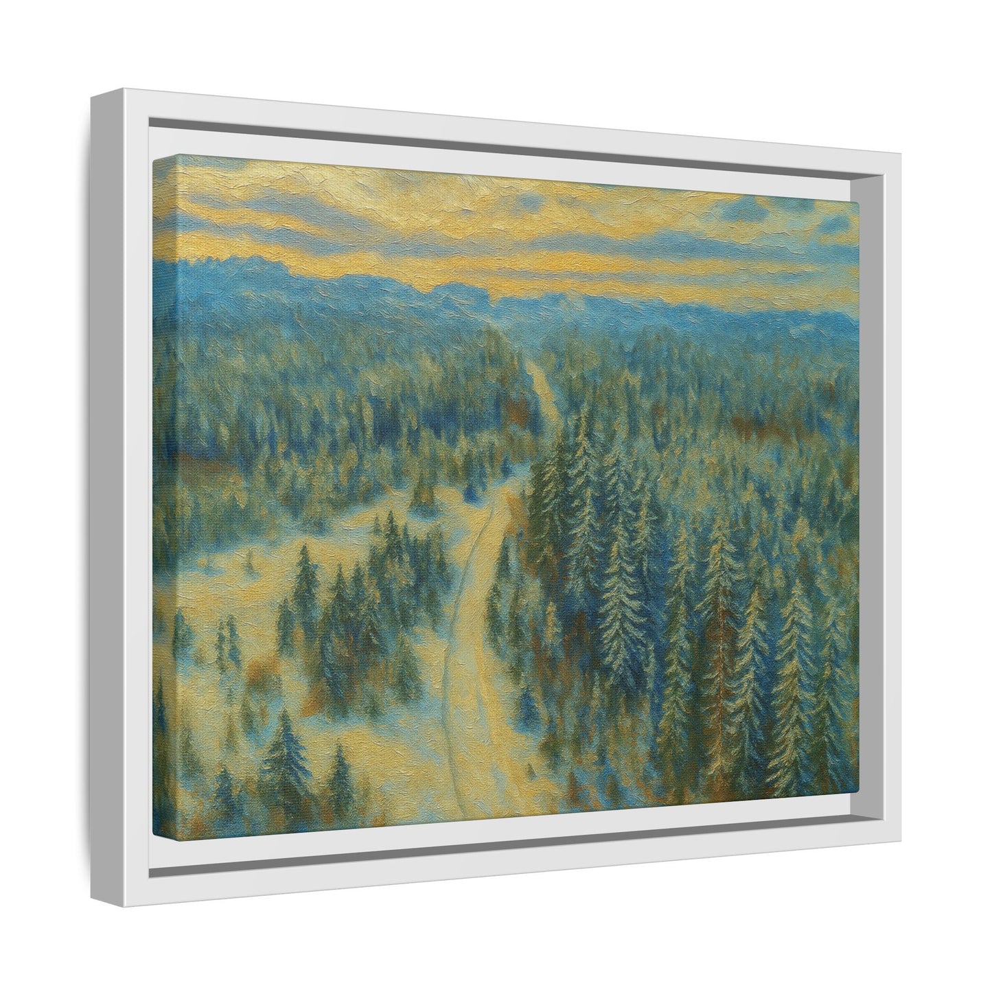 Framed matte canvas print of a serene winter forest landscape, showcasing snow-covered trees and peaceful winter scenery.
