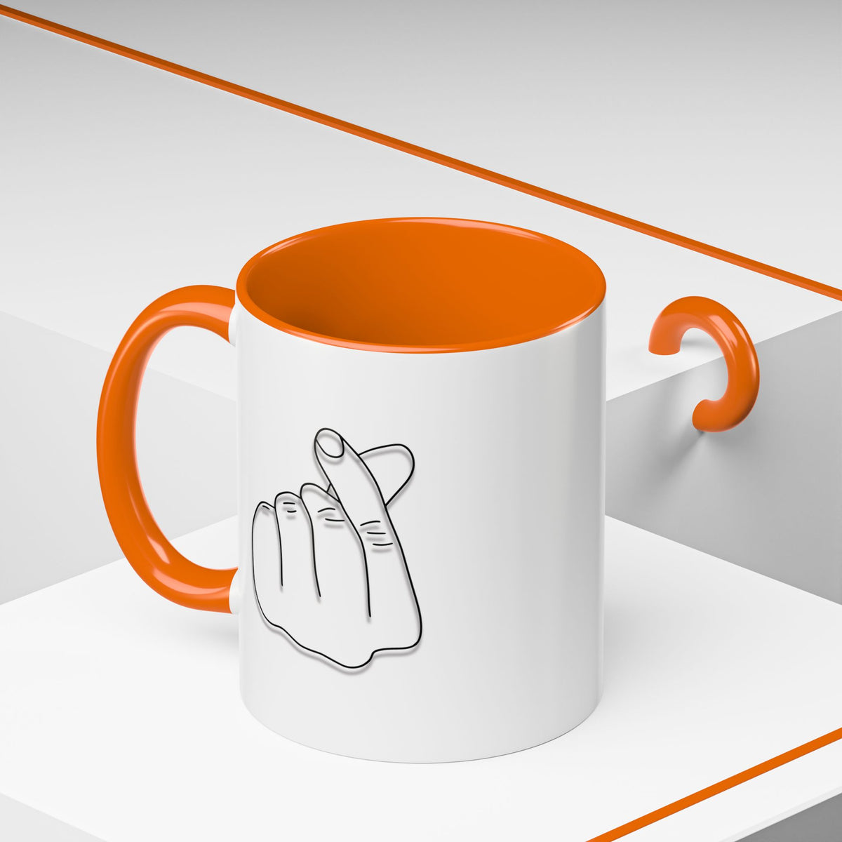 Minimal Korean finger heart accent mug by Printify, 11oz or 15oz ceramic coffee mug with simple heart design and clean style.