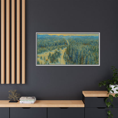Framed matte canvas print of a serene winter forest landscape by Printify, featuring snow-covered trees and a peaceful scene.