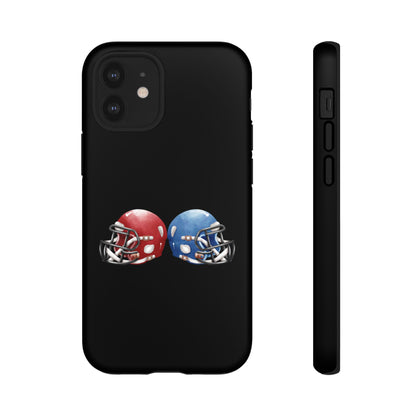 Red and blue football helmet tough phone case for iPhone by Printify, featuring a protective sports helmet design.
