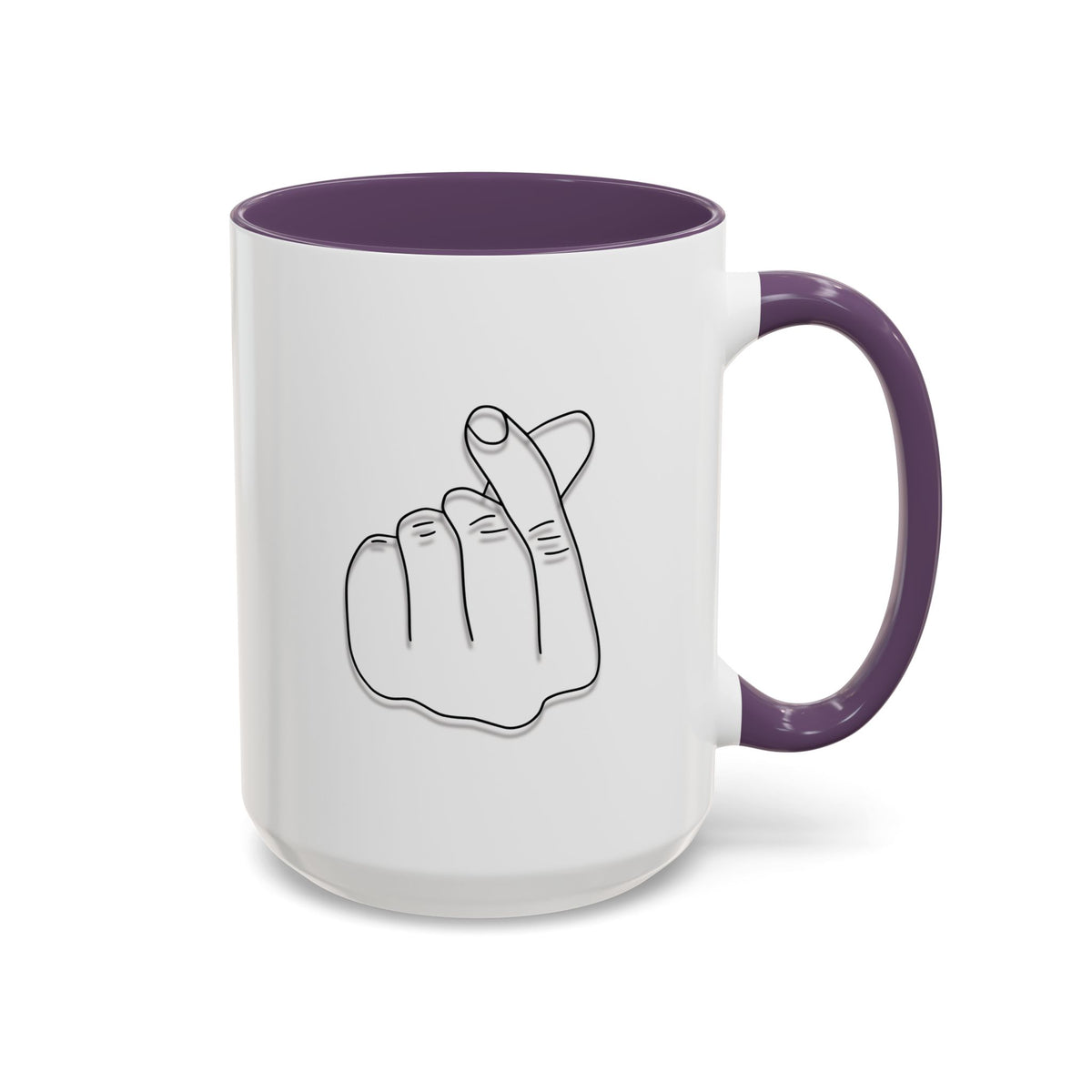 White ceramic coffee mug with minimalist Korean finger heart accent design, available in 11 or 15 oz sizes.