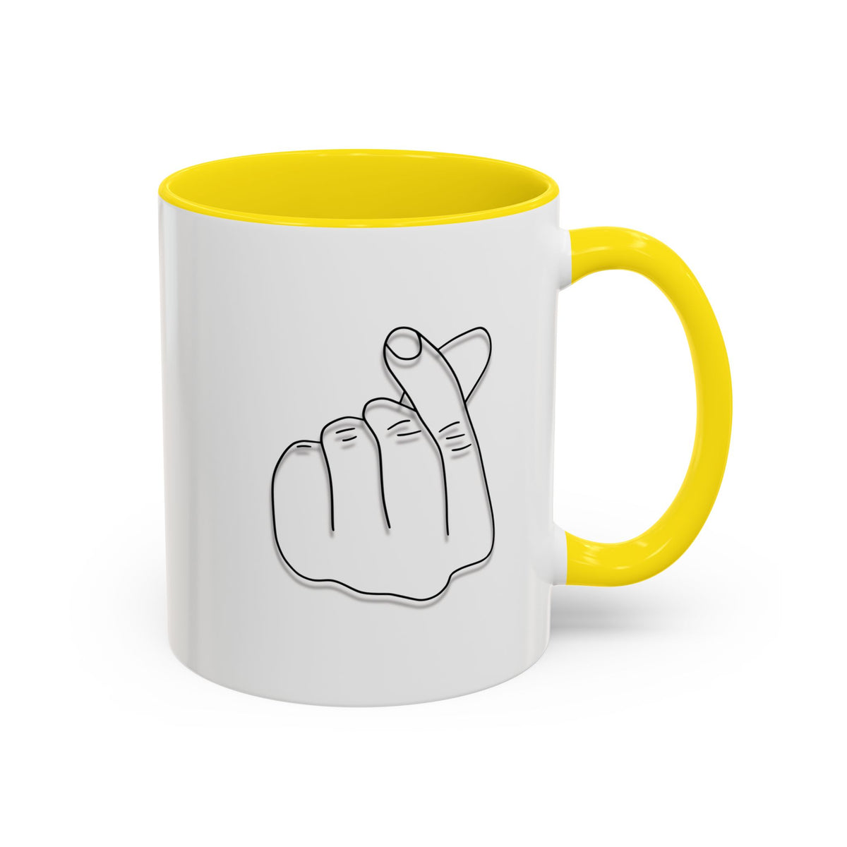 White ceramic coffee mug with minimal Korean finger heart accent, available in 11oz and 15oz sizes, by Printify.