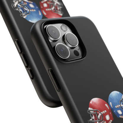 Red and blue football helmet tough phone case for iPhone, protective Printify design with realistic helmet details.