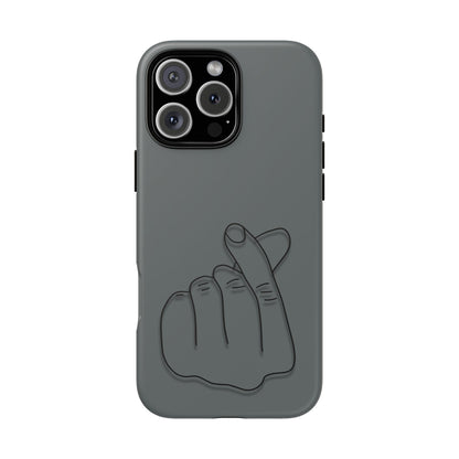 Silicone phone case with embossed Korean finger heart design, compatible with smartphones, by Printify.
