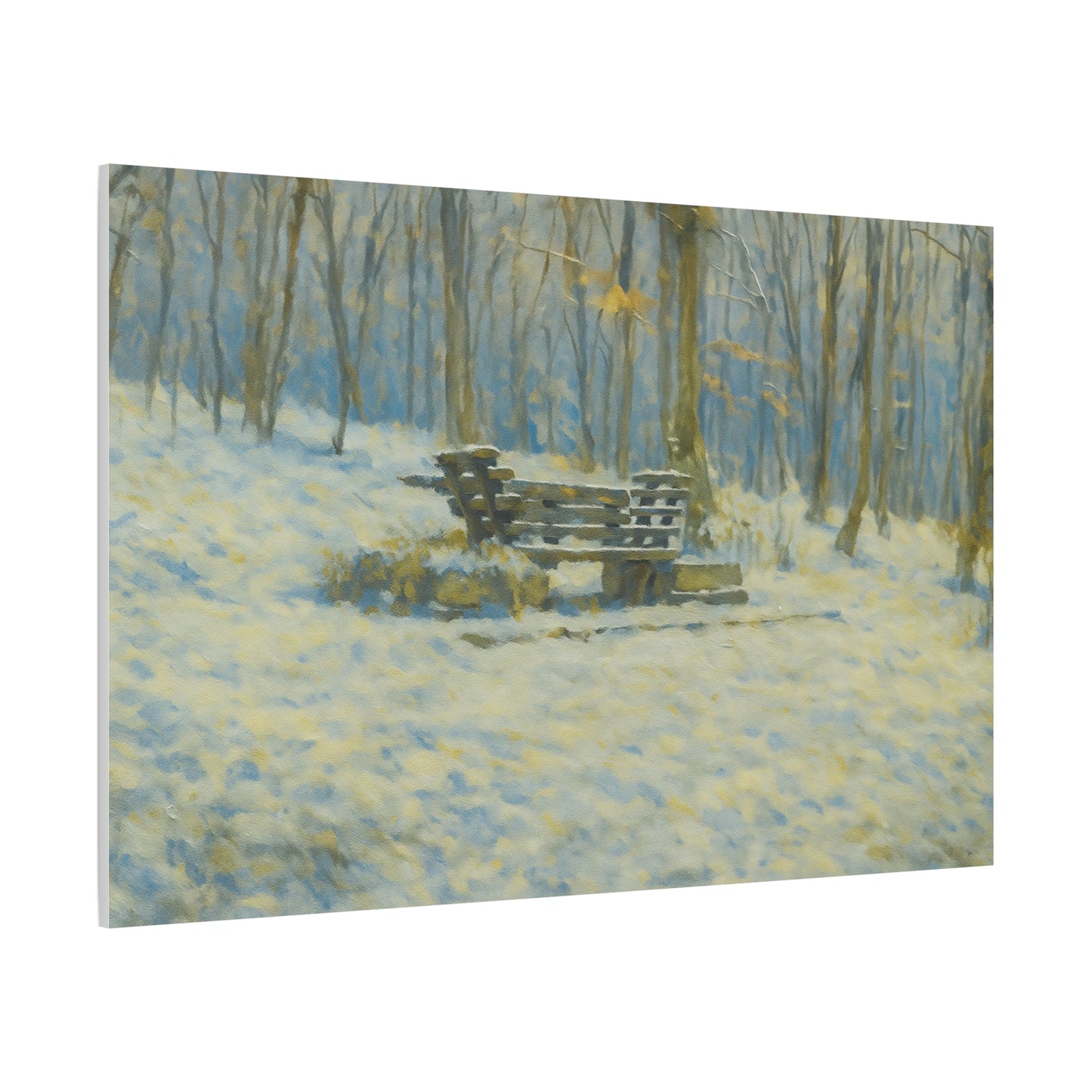 Snowy park bench canvas print by Printify featuring winter woodland scene, stretched 1.25-inch matte canvas wall art.