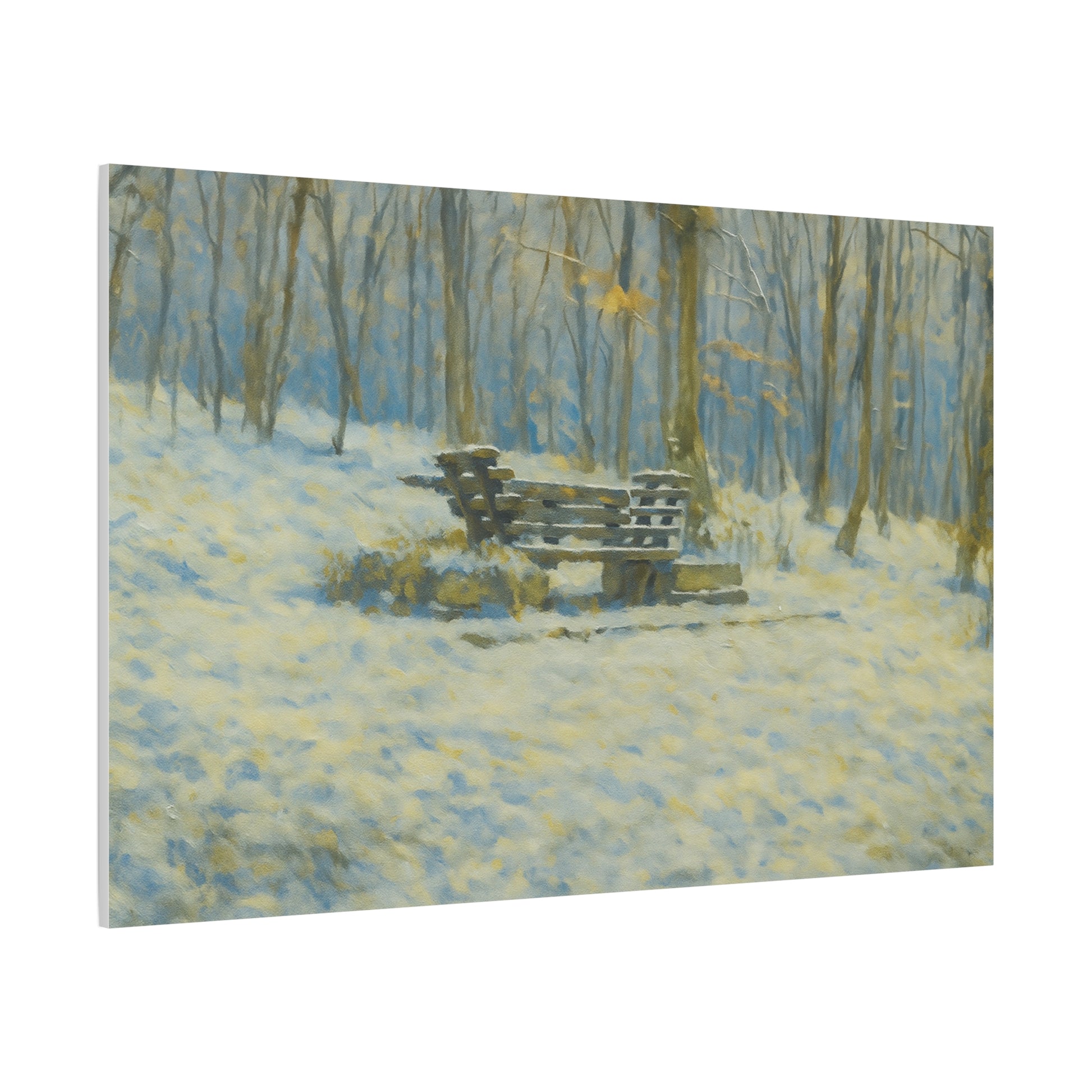 Snowy park bench canvas print by Printify featuring winter woodland scene, stretched 1.25-inch matte canvas wall art.