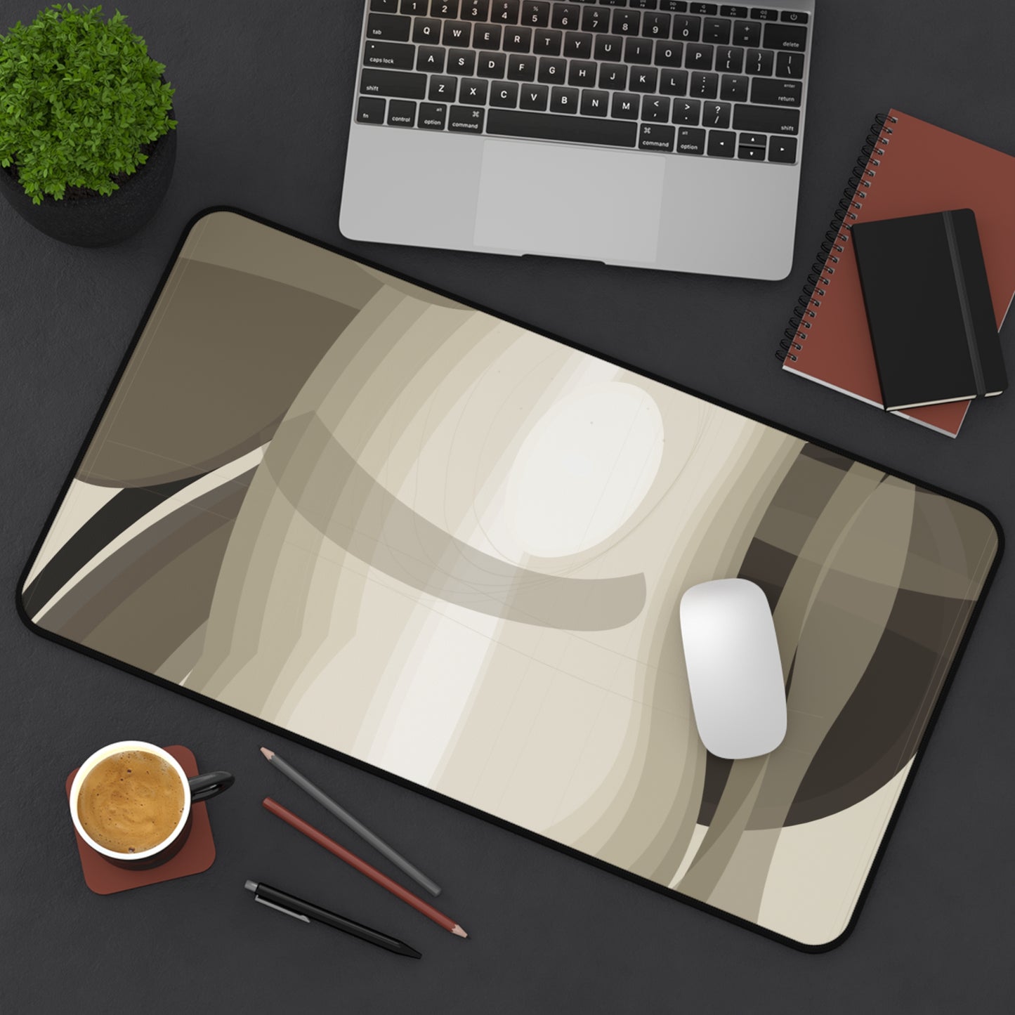 Abstract Neutral Waves Desk Mat | Modern Beige Brown Mousepad Surface