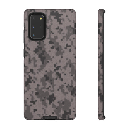 Gray digital camouflage phone case by Printify, tough protective cover for smartphones with a rugged camo pattern.