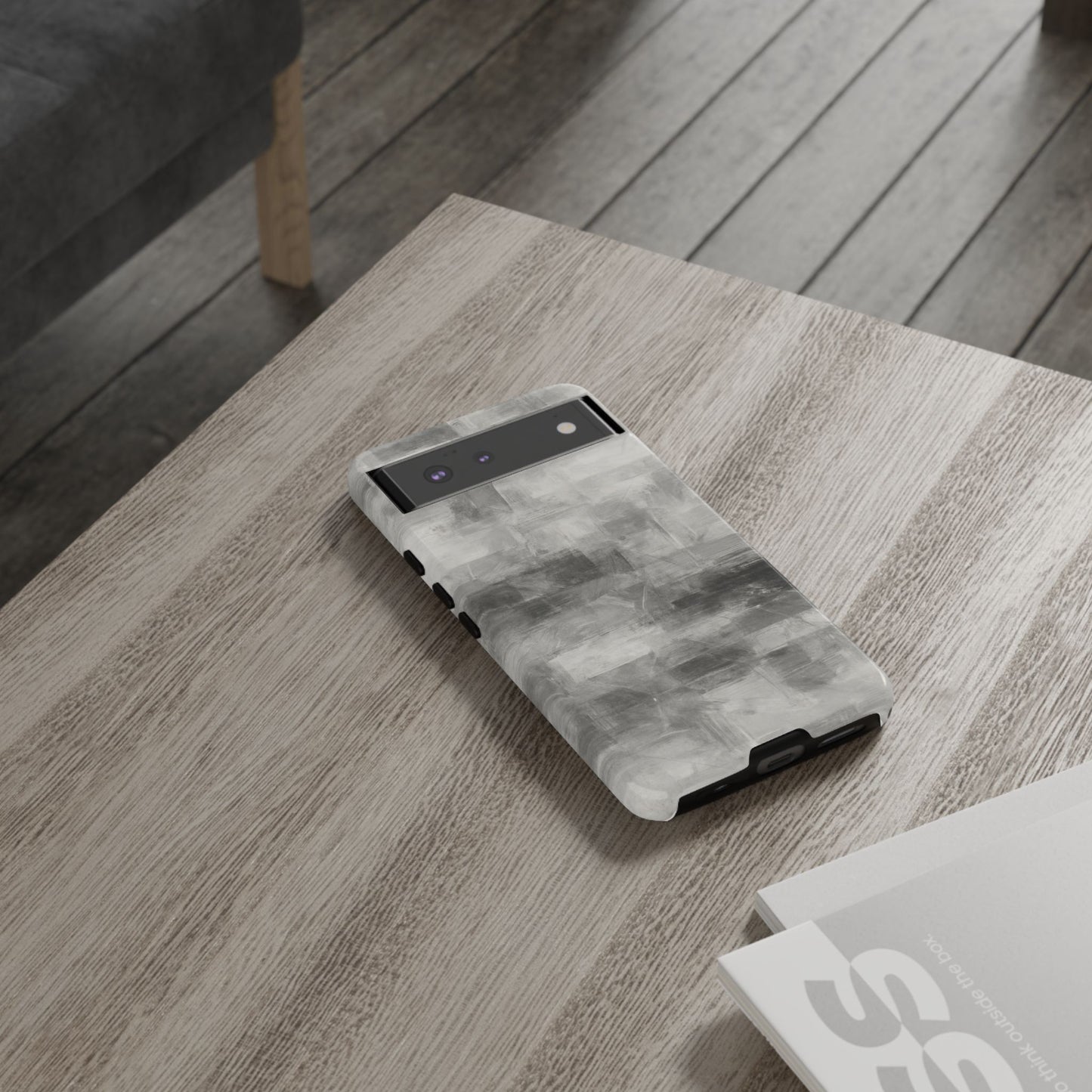 Abstract gray grid phone case for iPhone, tough protective cover by Printify featuring a modern geometric design.