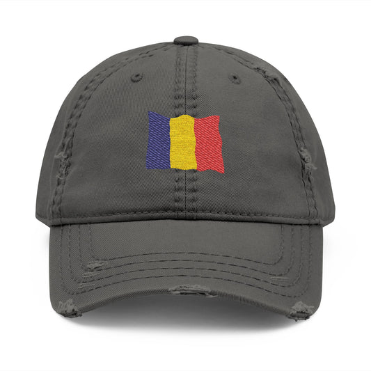 Distressed embroidered dad hat with Romanian flag patch and curved brim, casual accessory by Printify.