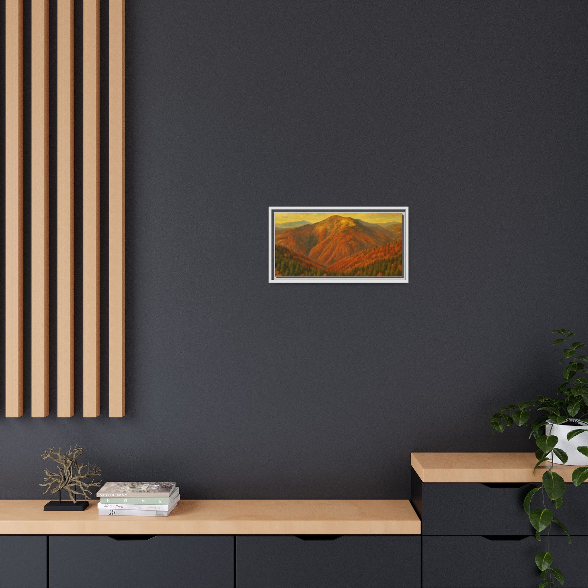 Autumn mountain matte canvas framed wall art by Printify showcasing a scenic mountain landscape with warm autumn colors.
