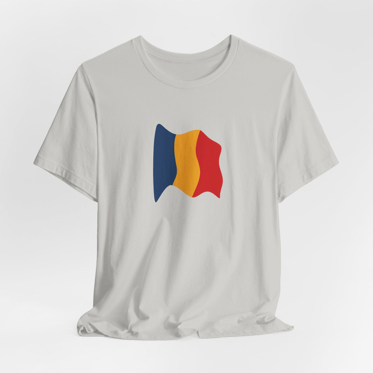 Romania flag T-shirt by Printify featuring a minimal waving tricolor design on a casual cotton tee