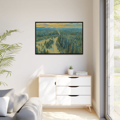 Framed matte canvas print of a serene winter forest landscape, featuring snow-covered trees and peaceful natural scenery.