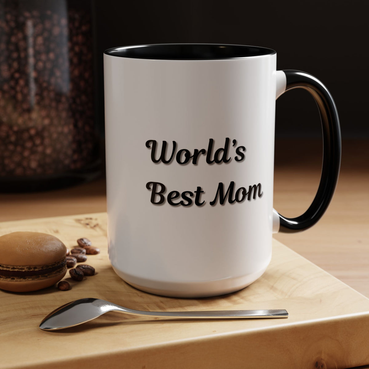 Black-trim ceramic mug with "World's Best Mom" accent design, ideal for Mother's Day gift, by Printify.