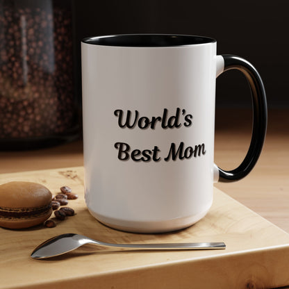 Black-trim ceramic mug with "World's Best Mom" accent design, ideal for Mother's Day gift, by Printify.