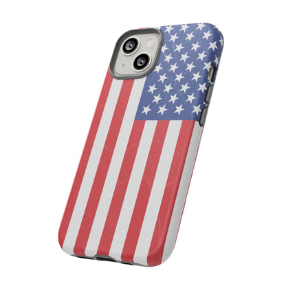 American flag tough phone case for iPhone, durable patriotic cover with bold flag design by Printify.