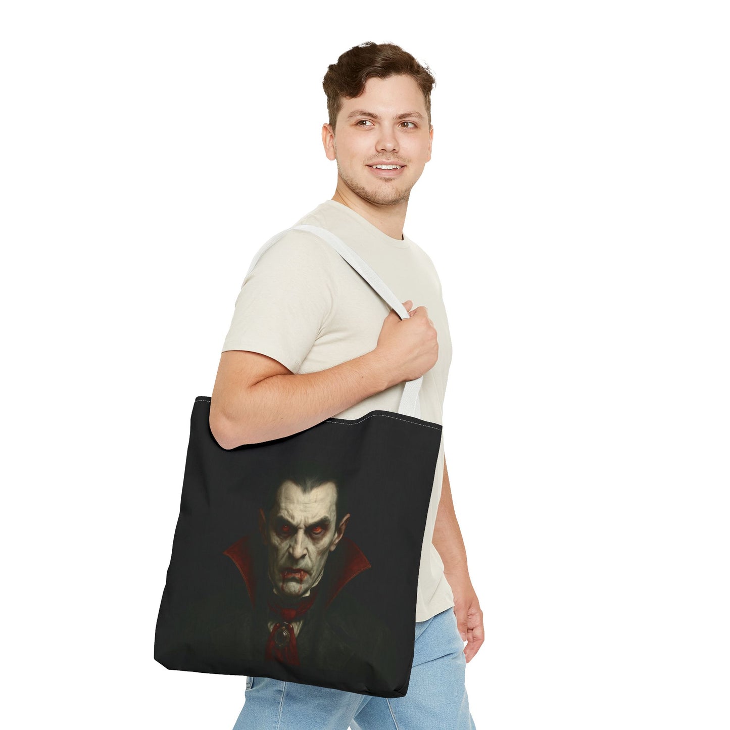 Black vampire tote bag with spooky gothic design, perfect for Halloween accessories, by Printify.